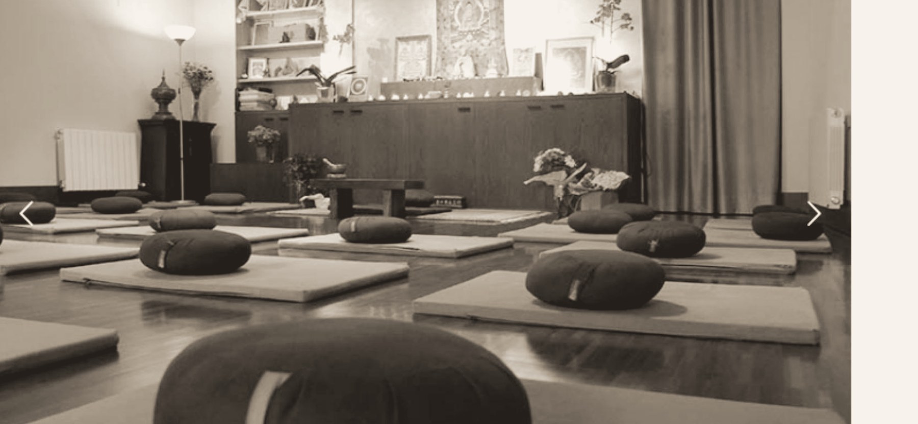 Sala de meditación de Dharmadhatu con cojines dispuestos en círculo y altar al fondo