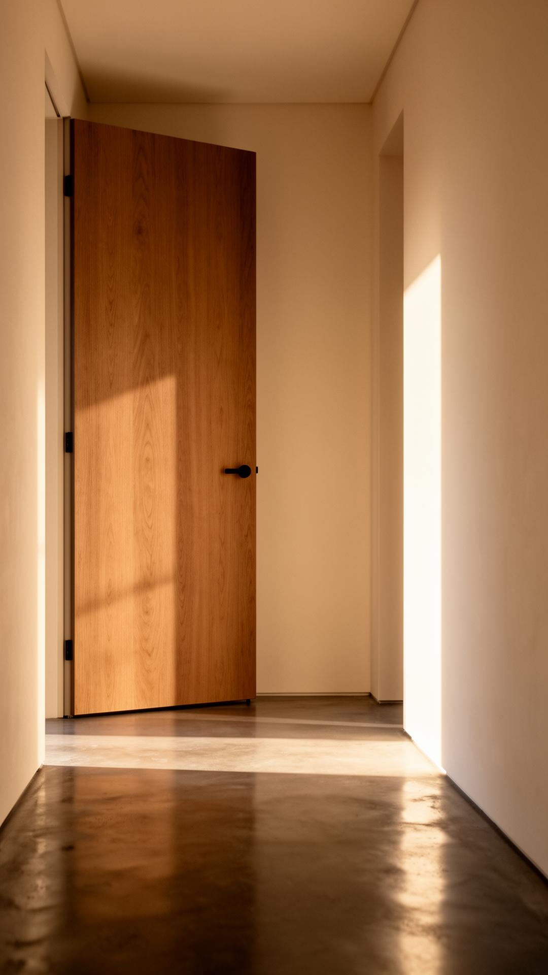Pasillo del centro con puerta de madera y luz cálida