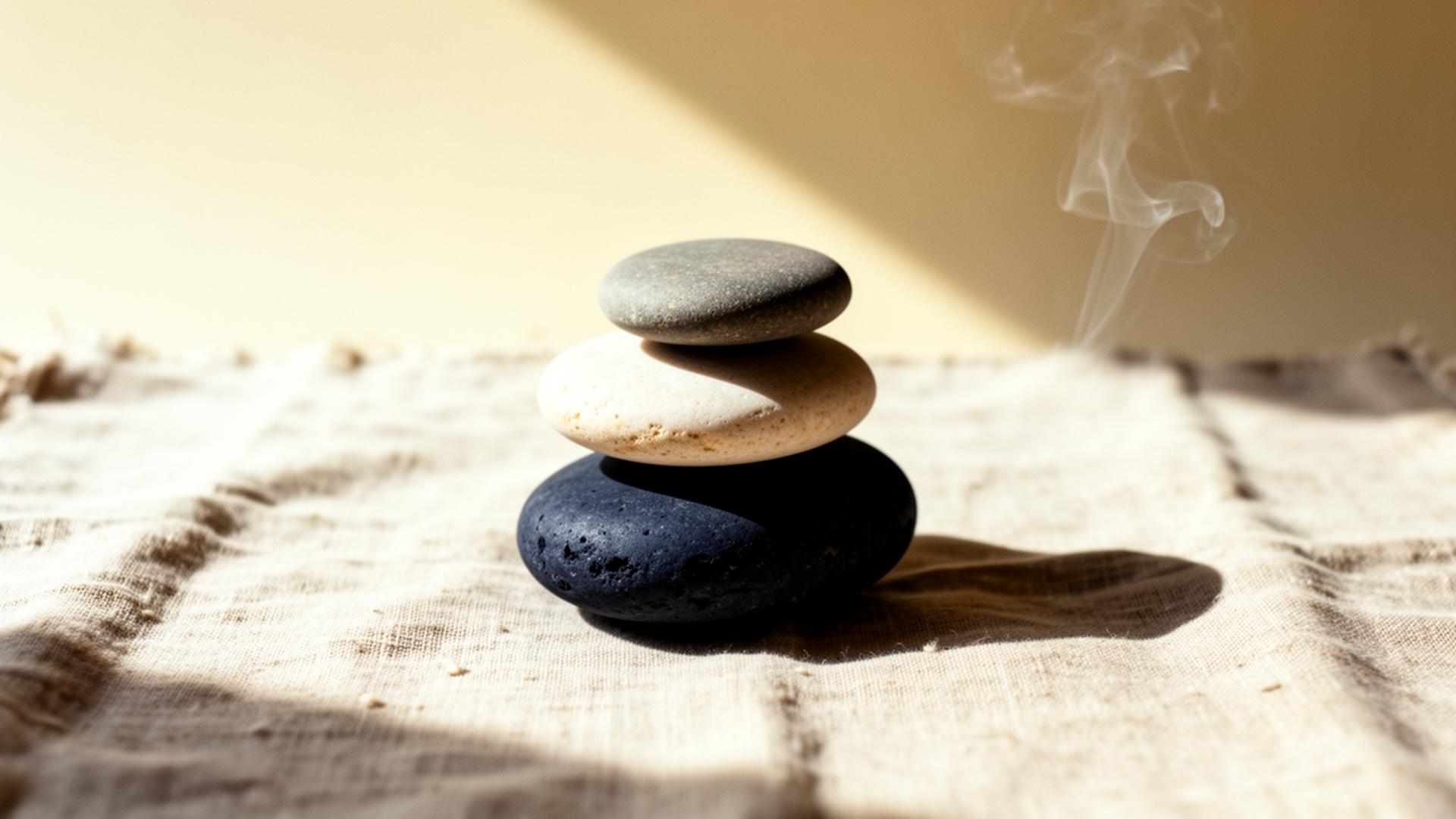Piedras apiladas con humo de incienso al fondo
